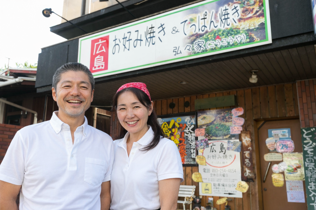 広島お好み焼き弘々家の店長市山と奥さん店舗まえにて